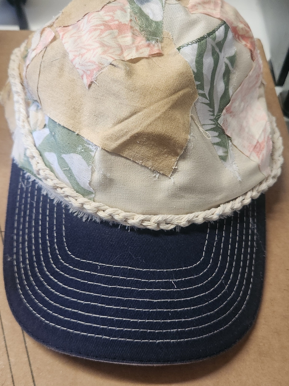 Hand Crafted Patchwork Cap - Navy, Beige, Green, Pink